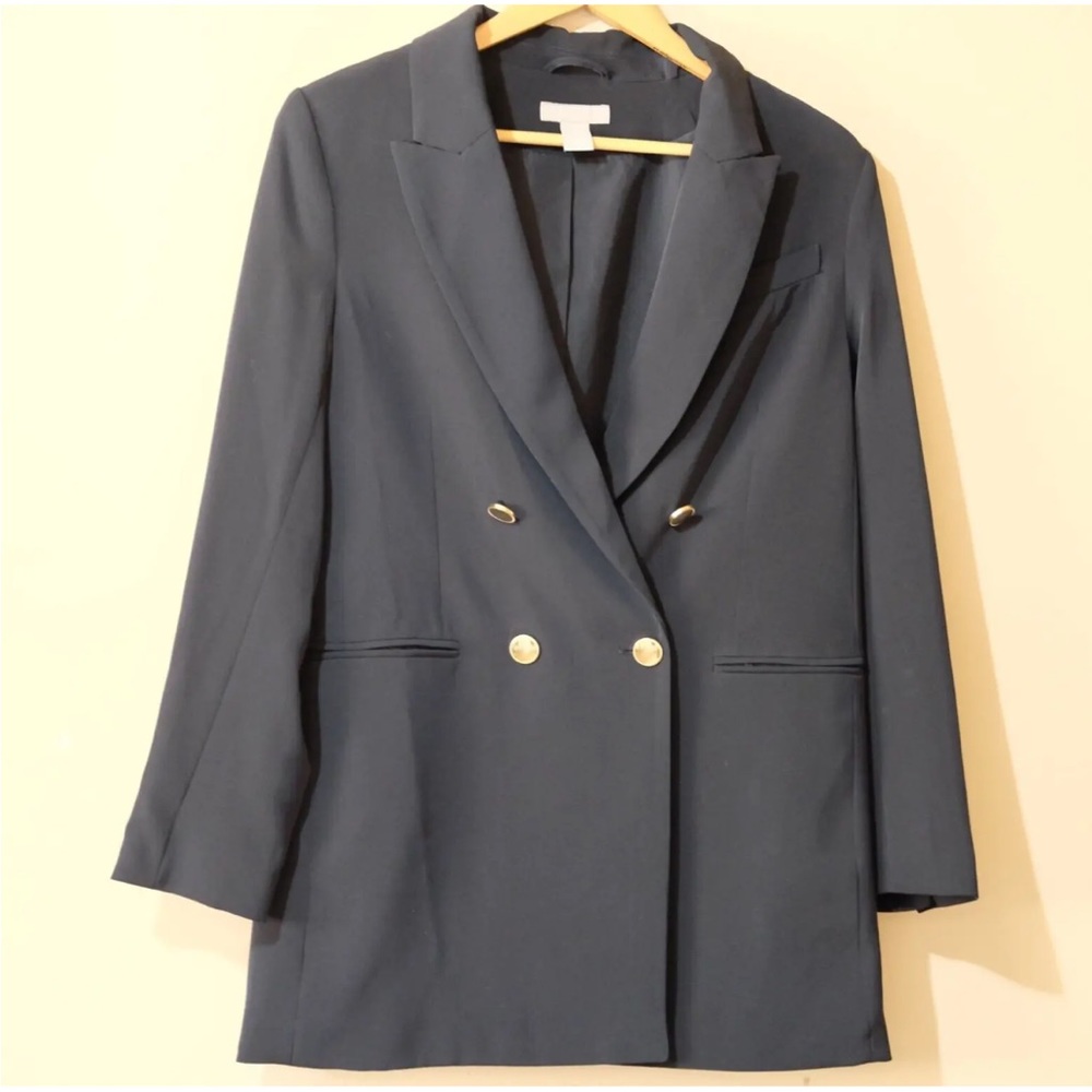 H&M Women’s Oversized Double Breasted Black Blazer, Size Large, Gold Buttons